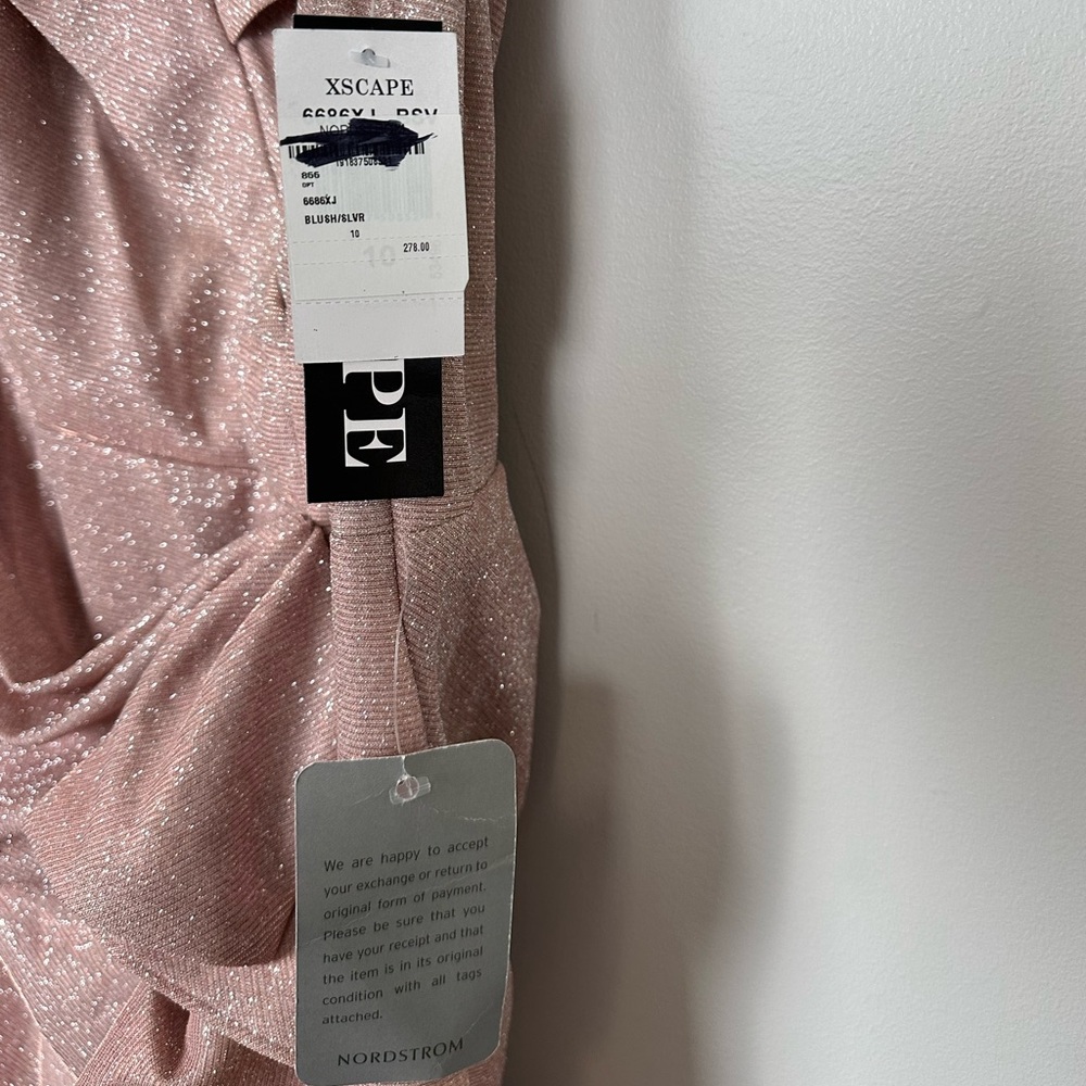 XSCAPE EVENINGS Blush / Silver Ruffle Off the Shoulder Foil Knit Trumpet Gown - Picture 7 of 11